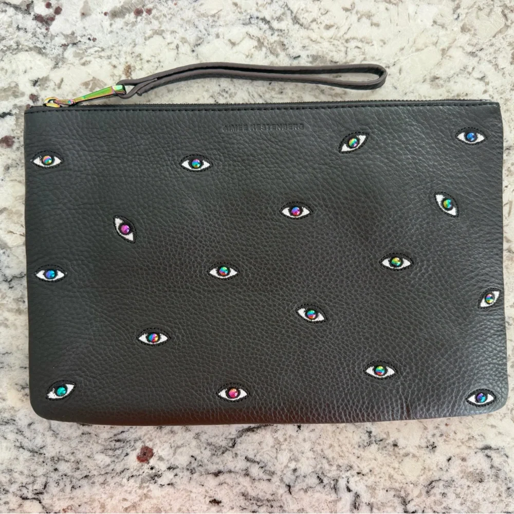 Aimee Kestenberg Black Pebbled Leather Wristlet Clutch with Eyes Eye Love
